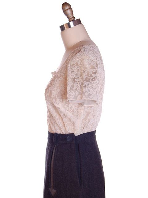 Vintage Nylon Ivory Lace Blouse Re Embroidered 1940S 38 Bust 