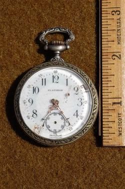 1910 era MINING SCENE Swiss POCKET WATCH Miner Mine Ore Cart Scene NO 