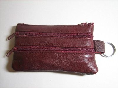 BURGUNDY LEATHER MONEY COIN PURSE ZIPPER WALLET KeyRing  