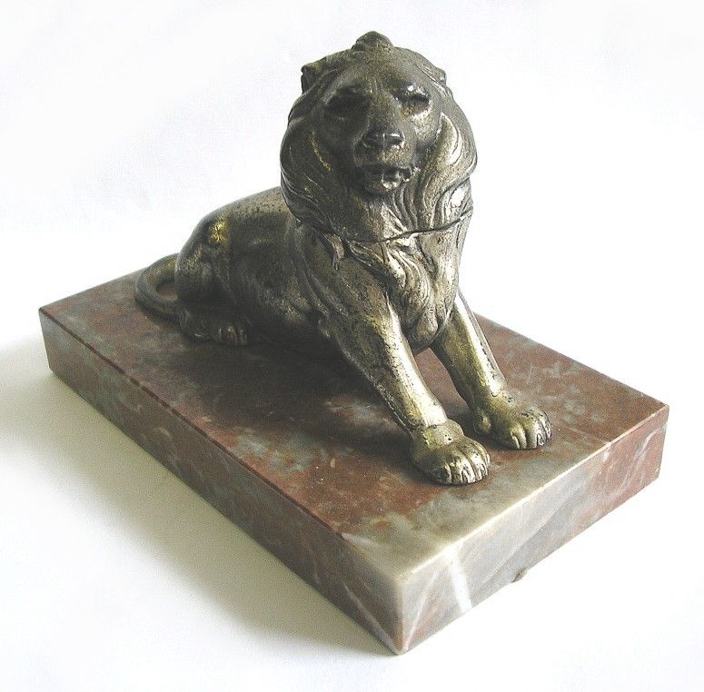 BELFORT LION INKWELL STATUE FRANCE METAL ON MARBLE 1950  