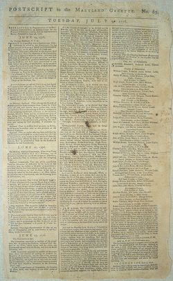 Rare POSTSCRIPT TO THE MARYLAND GAZETTE, JULY 9th, 1776  