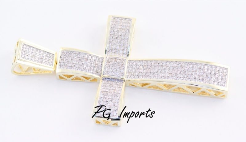 14K YELLOW GOLD PLATED WHITE CUSTOM PAVE CROSS ICED OUT CZ ICY HIP HOP 