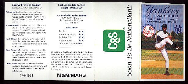 1992 NEW YORK YANKEES SCHEDULE Brien Taylor FORT LAUDERDALE FLORIDA 