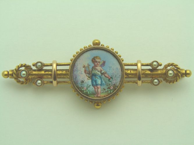   14kt Gold Painted Portrait Miniature Cherub Cameo Pin Brooch  