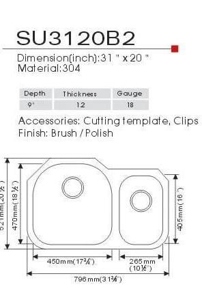 Stainless Steel Kitchen Sink UnderMount 31x20x9 B L  