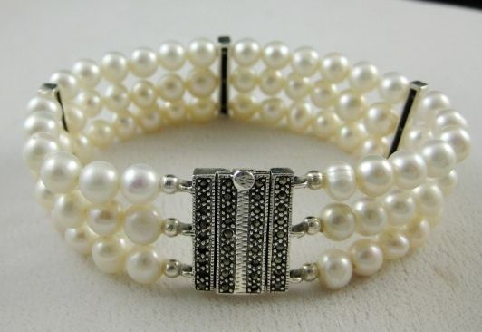 FABULOUS SILVER PEARL & MARCASITE THREE STRING BRACELET  