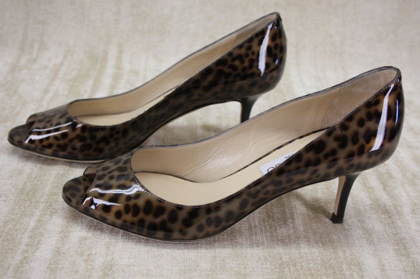 New Jimmy Choo Isabel leopard Patent Peep Toe Kitten heels pumps 36.5 