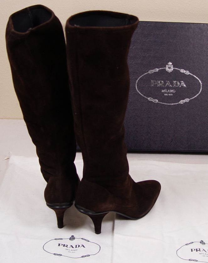 PRADA SHOES $1,195 DARK BROWN STRETCH SUEDE KNEE HIGH BOOT 10B 40e NEW 