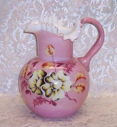 Fenton Elegant Ruffled Top Pitcher + 4 Pink Glasses  