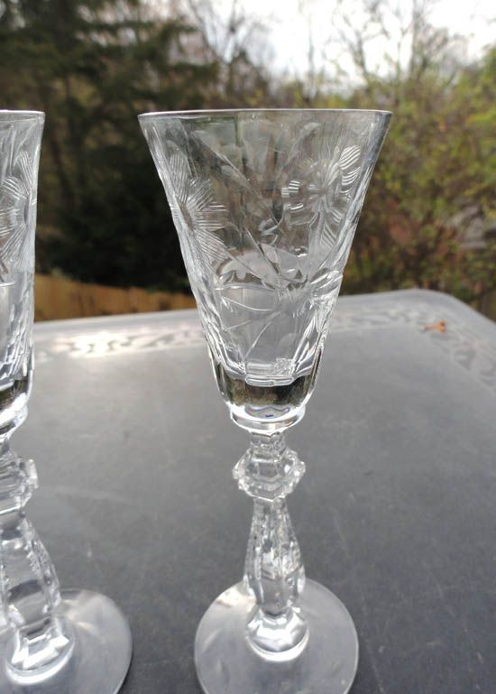 Libbey Rock Sharpe Crystal Stemmed Cordial Set of 3 Floral Etched 