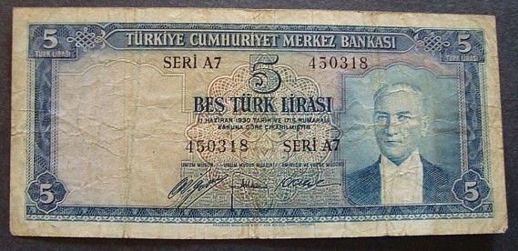 1930 TURKEY NOTE/PAPER MONEY 5(BES) TURK LIRASI SERI A7  