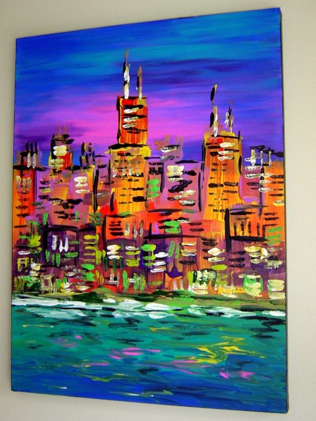   ACRYLIC PAINTING URBAN SUNSET CHICAGO SKYLINE Eugenia Abramson  