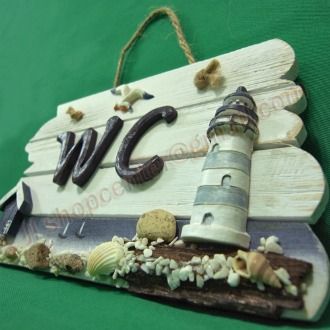   Nautical wooden WC Toilet Restroom Door Sign Board Light house Shell