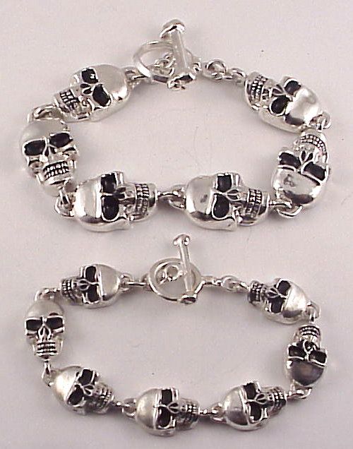 HIS HERS SKULL BONES BIKER STERLING SILVER BRACELETS  