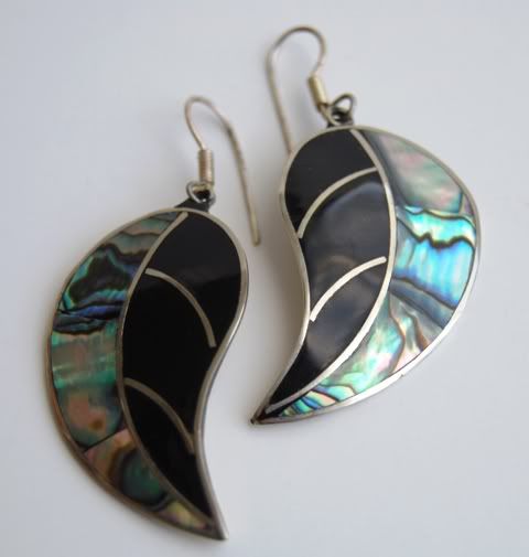 ABALONE Black Enamel Alpaca Mexico Nickel Silver Leaf Earrings French 