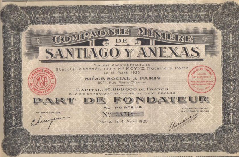 France Chile ? Mexico ? 1925 Bond Minning Santiago Anexas Co 