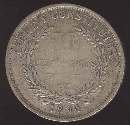 URUGUAY SILVER COIN 50 CENTS 1894  