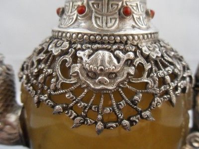   19thC ANTIQUE CHINESE SOLID SILVER & GOLDEN ONYX BEJEWELED EWER  