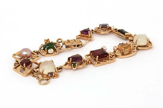 UNIQUE VINTAGE 14K GOLD MIXED GEMS CHARM STYLE BRACELET  