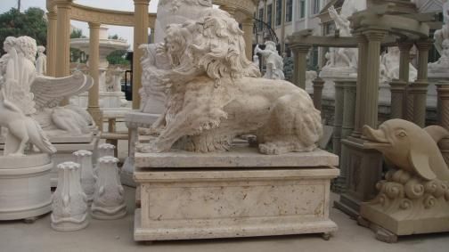 Massive Travertine Marble Estate Lions  