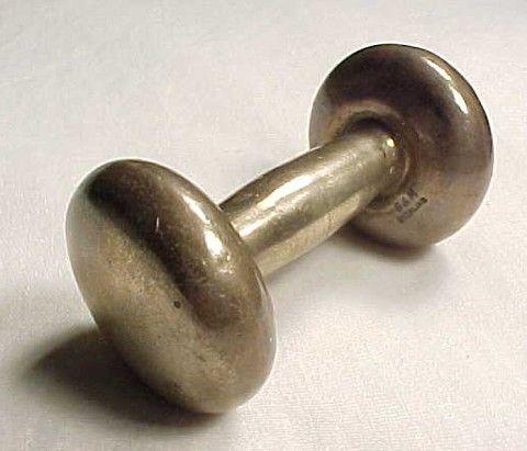 ANTIQUE VICTORIAN BARBELL B & M STERLING BABY RATTLE  