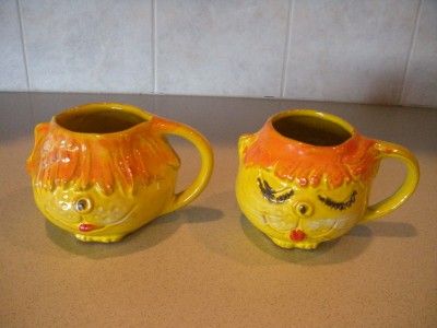 VINTAGE 1969 FUN PACIFIC STONEWARE CAT & DOG MUGS LOT  