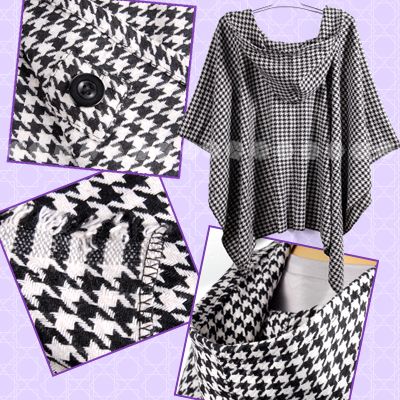 Designer Retro Dogtooth houndstooth check Cape Top PONCHO wrap hooded 