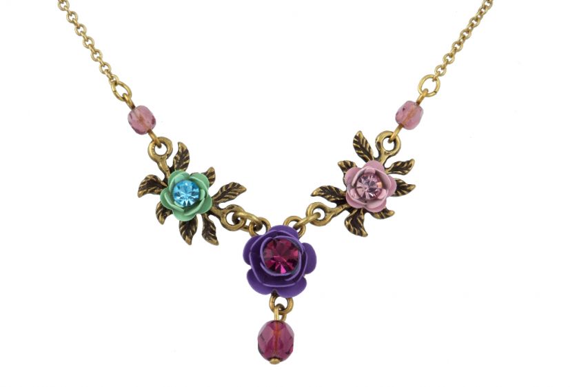 Michal Negrin Vintage Rose Necklace made with Red and Fuchsia Crystals 