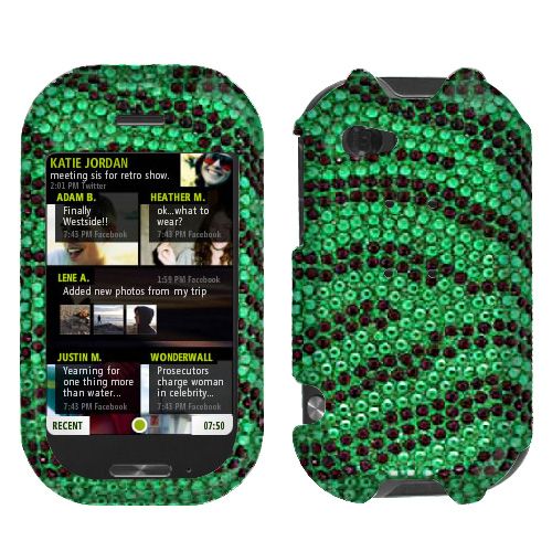 New For Sharp Kin Two Cell Phone Black Green Zebra Full Bling Stone 