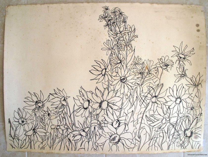 FLOWERS daisy fine line drawing botanical study ORIGINAL ART RAY L 