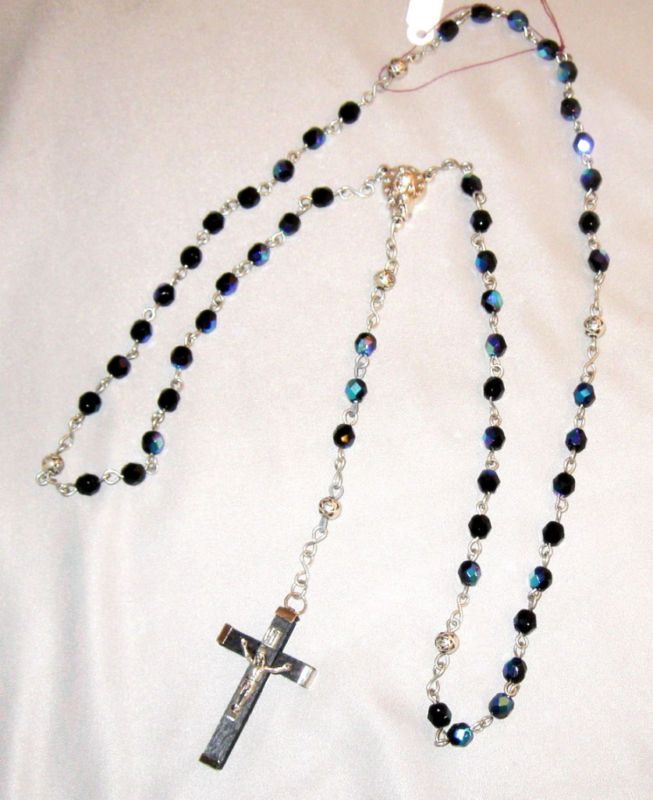 ROSARY 6MM BLACK IRRIDESCENT BEADS CRUCIFIX HANDMADE US  