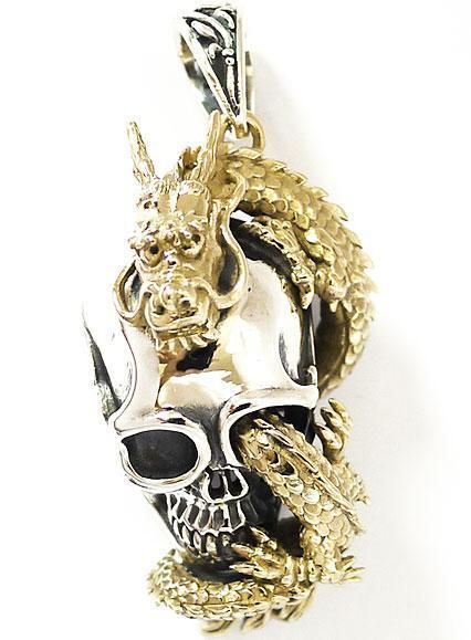 HUGE JAPANESE GOLD DRAGON ON BIG SKULL STERLING SILVER PENDANT JAPAN 