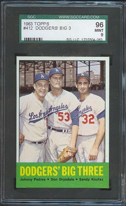 1963 TOPPS #412 DODGERS BIG 3 KOUFAX SGC 96 (MINT)  