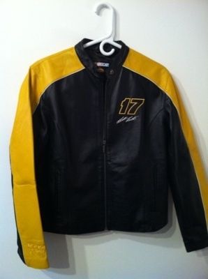 retro Matt Kinseth Black and yellow Leather Roush Racing Coat Womens 