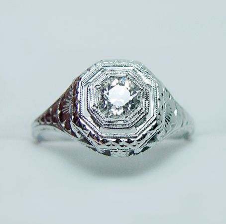 Antique .40ct VS HI Old European Diamond Etch Ring 18K White Gold 