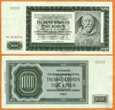 Bohemia & Moravia 1000 Korun, 1942 WWII, P 14 (14a) UNC  