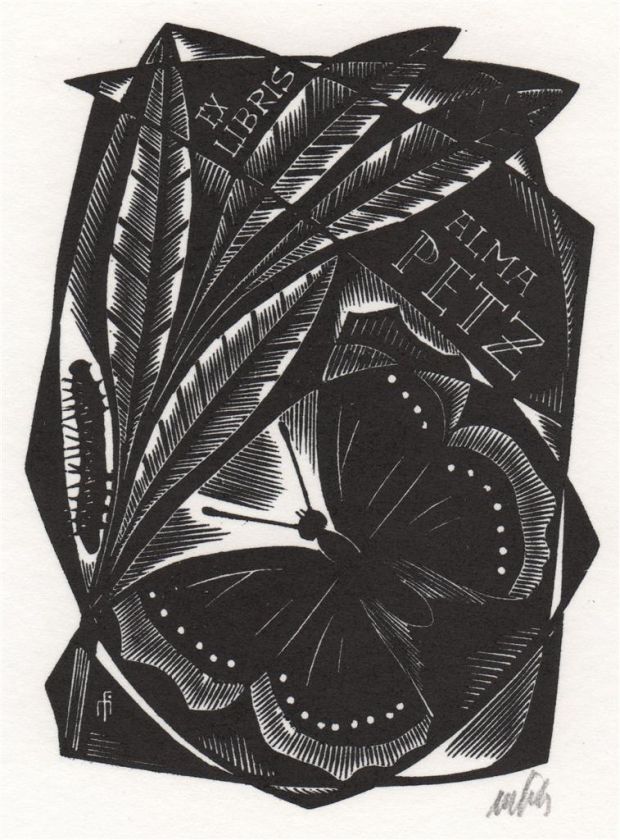 EX LIBRIS EXLIBRIS WOODCUT BUTTERFLY O. M. SIGNED  