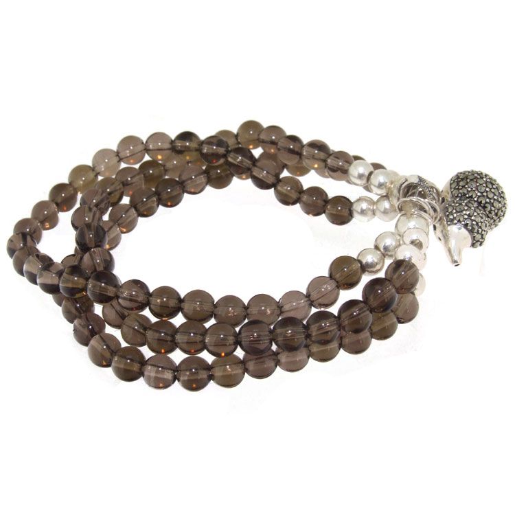   Smoky Quartz Silver Calabash Drop Stretch Bracelet Bangle 3Rows  