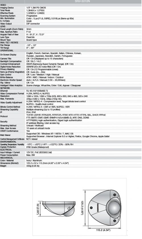 SAMSUNG CCTV CAMERA NETWORK 1.3MP HD 1280x1024 SNV 5010  