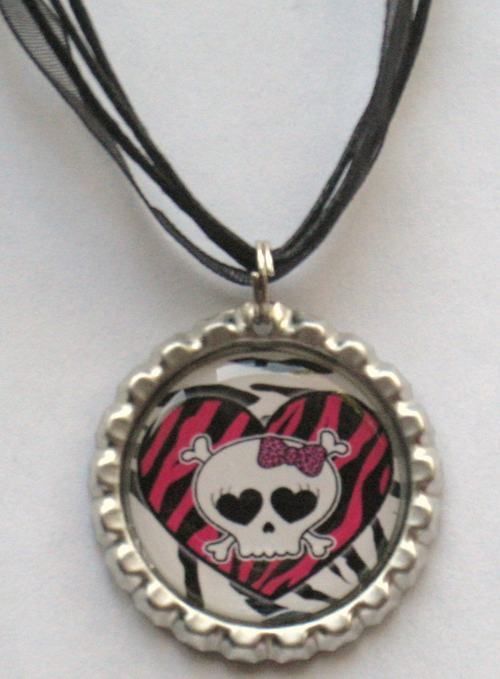 Boutique Bottlecap Necklace SKULL GIRL Bow Zebra Pink  