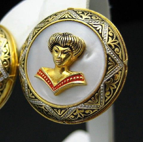 Vtg DAMASCENE Toledoware Oriental Lady Earrings Lucite  