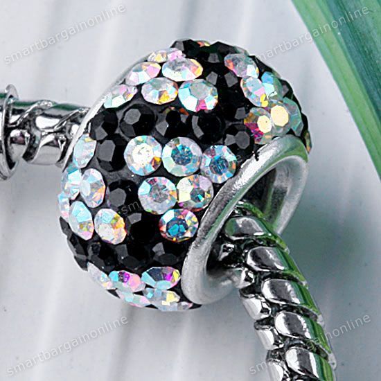 AB Black Crystal Sterling Silver Large Hole Charm Beads  