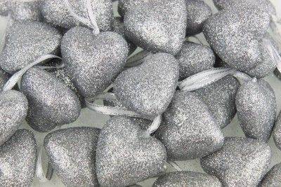 Lot 36 Glittery SILVER Heart Ornaments