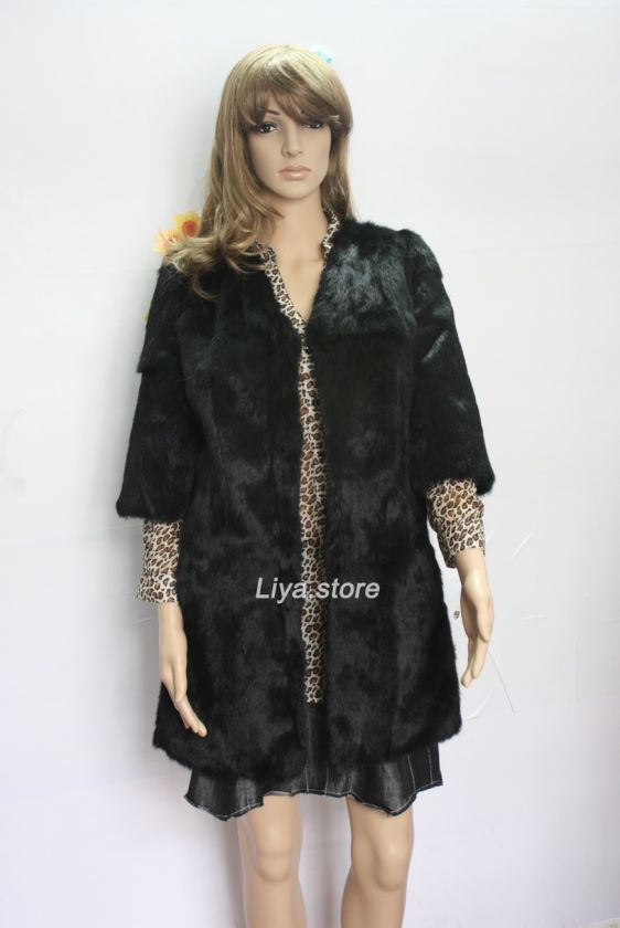 new vintage womens black real genuine rabbit fur long warm coat 