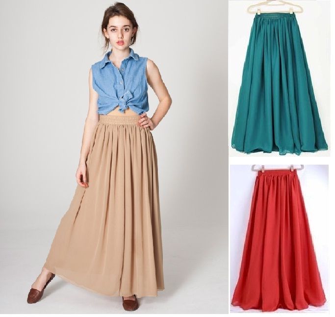   New Styles Women Chiffon Pleated Long Skirt Elastic Waistband  