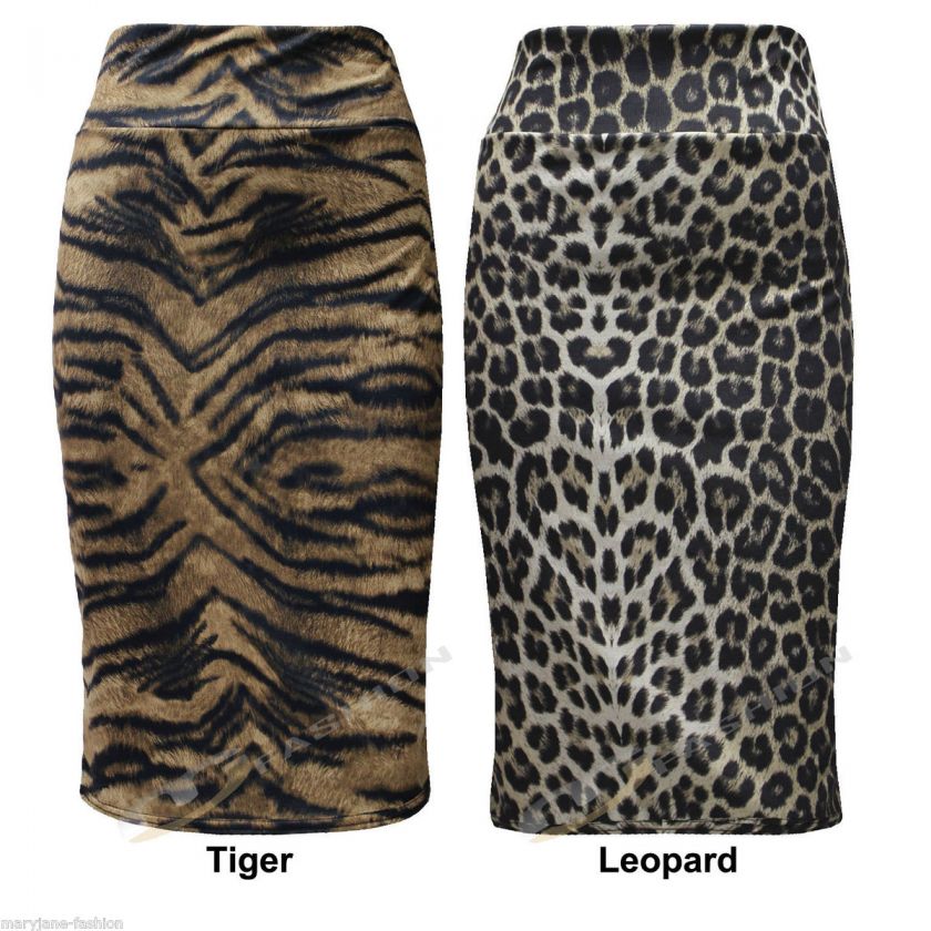   WOMENS KNEE LENGTH LEOPARD TIGER ANIMAL PRINT PENCIL SKIRT 6 8 10 12