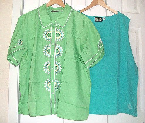 Bob Mackie Embroidered and Cutout Camp Shirt and Tank ~ GRN 3X  