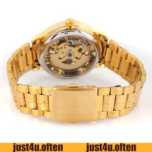 Luxury Golden Skeleton Transparant S Steel Mens Mechanical Wrist Watch 