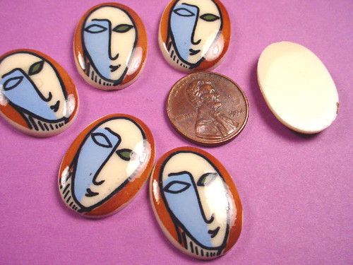 Vintage Modern Art Face Cabochons West German 25x18  