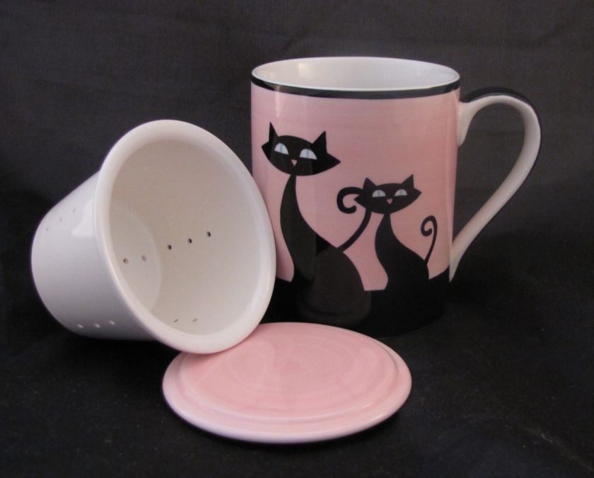 NEW HuesNBrews CATTITUDE 12oz Mugs with Ceramic Infuser and Lid 